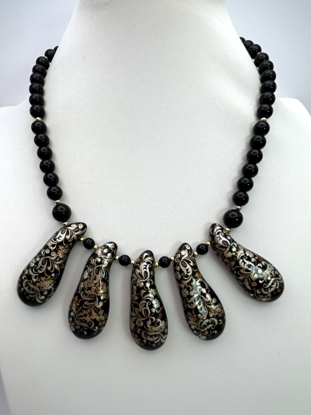 Vintage Japanese Necklace Handpainted Damascene Style Floral Teardrop Bib